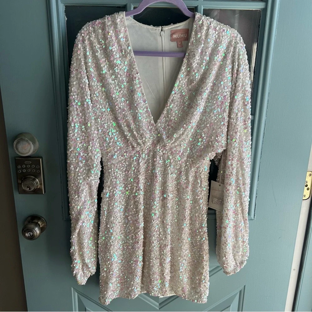 NWT Show Me Your MuMu Kidman Mini Dress Long Sleeve Iridescent Sequin White M - Picture 2 of 14